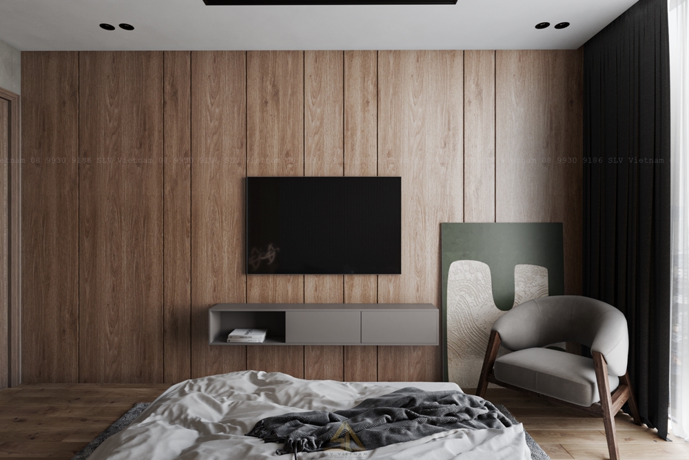 Màu gỗ ấm tạo cảm giác ấm áp cho phòng ngủ căn hộ The Peak Midtown