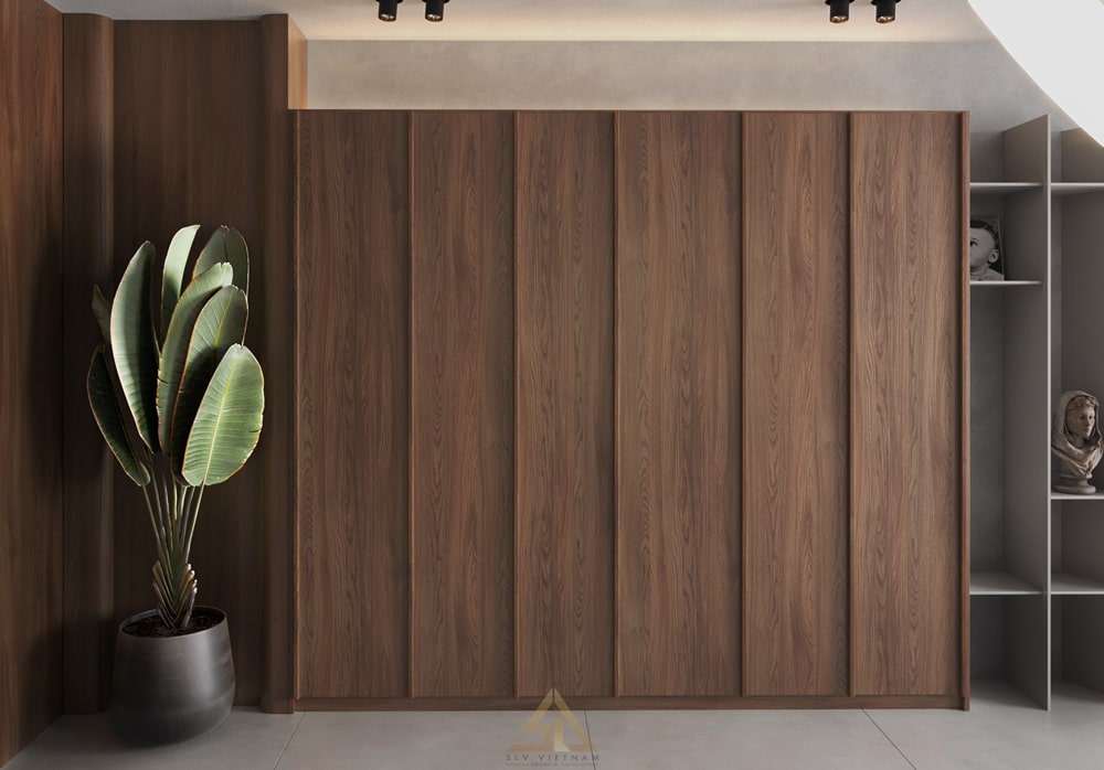 Tường gỗ sẫm màu tông ấm giúp không gian ấm áp hơn - căn hộ The Peak Midtown