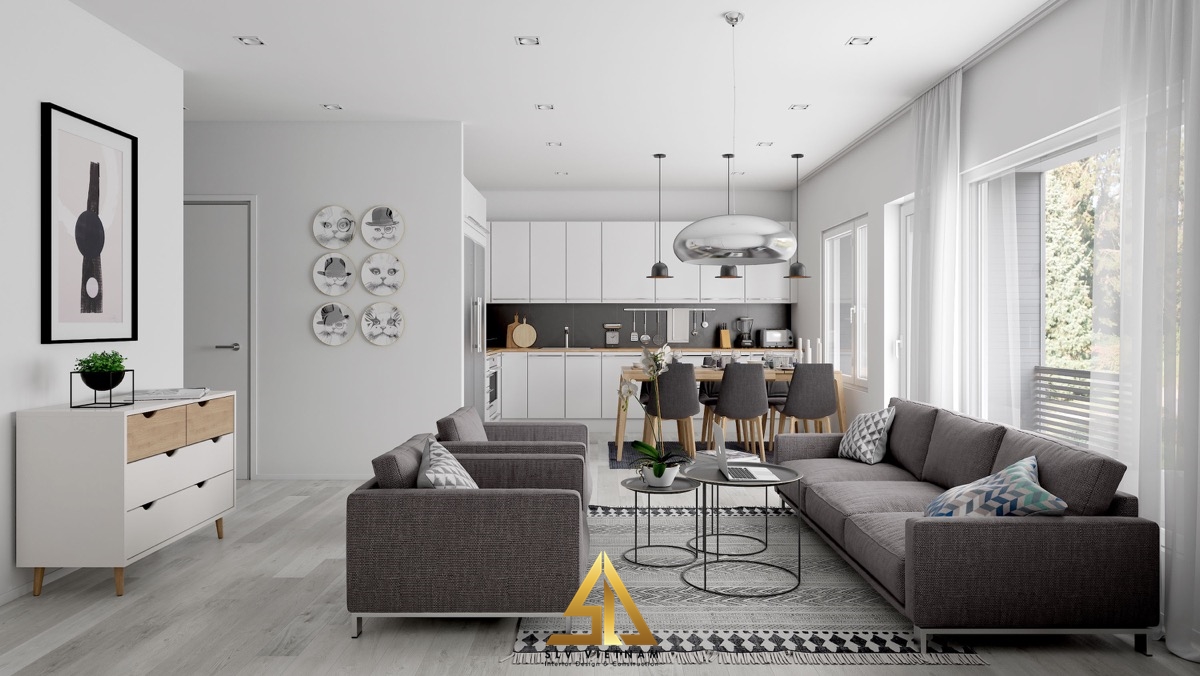 Ghế sofa và ghế ăn tông màu xám tạo điểm nhấn