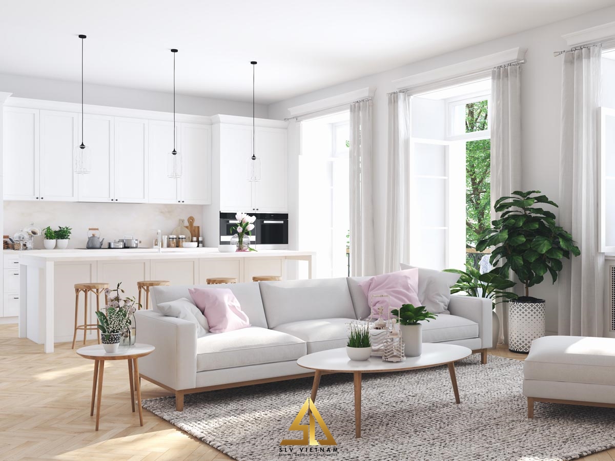thiết kế nội thất phòng khách liền phòng ăn có cửa kính lấy ánh sáng tự nhiên