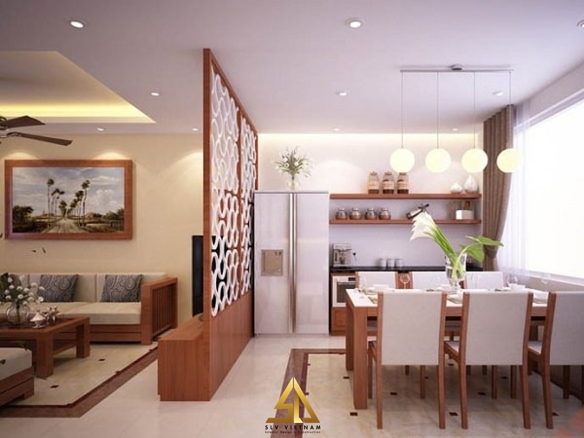 thiết kế nội thất phòng khách liền bếp có vách ngăn