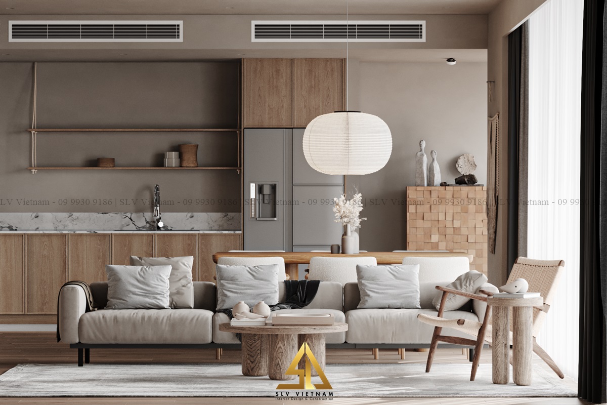 Phòng khách liền bếp phong cách Wabi Sabi