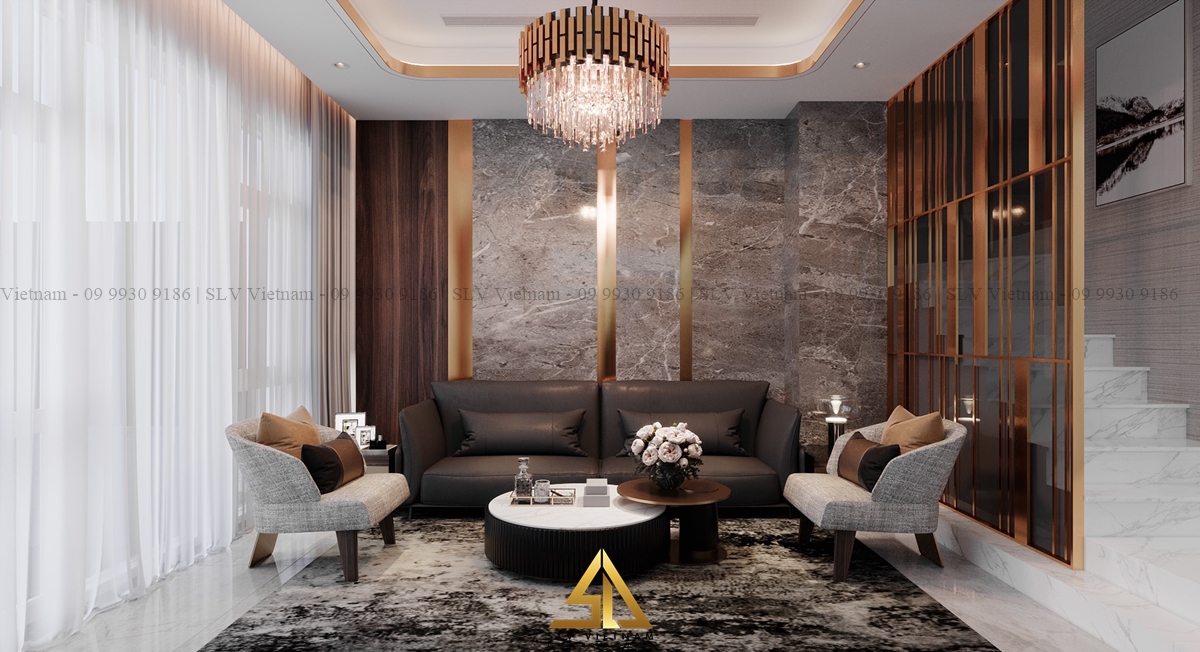 Thiết kế nội thất phòng khách 15m2 cửa kính lớn cho không gian sáng sủa (Nguồn ảnh: SLV Vietnam)