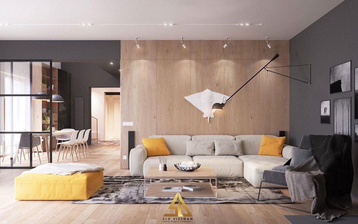 Tường gỗ sau sofa ấn tượng cho phòng khách phong cách Scandinavian