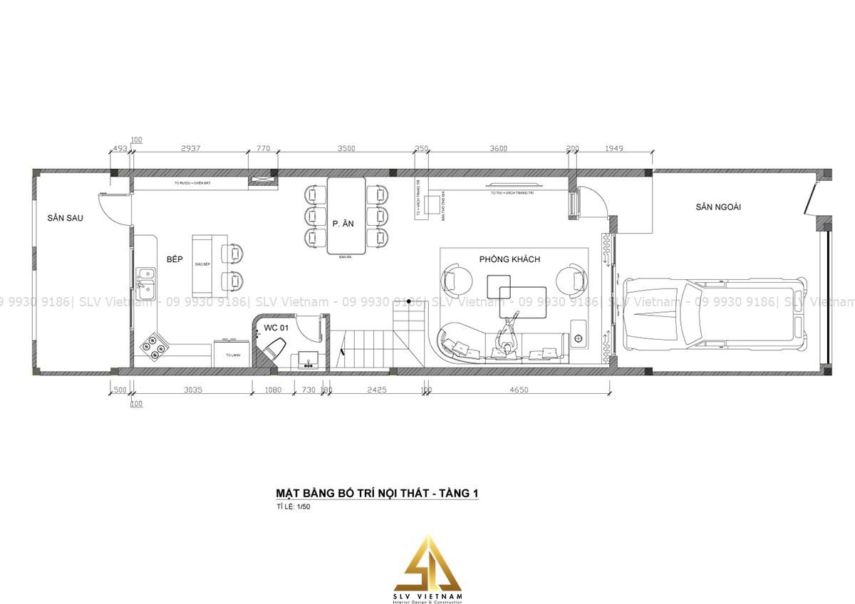 Bản vẽ thiết kế nhà phố 4 tầng - Tầng 1 (Nguồn ảnh: SLV Vietnam)
