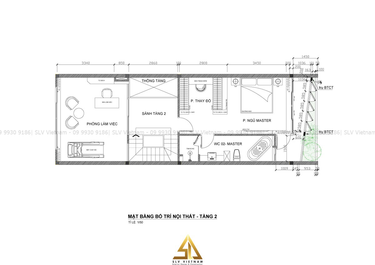 Bản vẽ thiết kế nội nhà phố 4 tầng - Tầng 2 (Nguồn ảnh: SLV Vietnam)