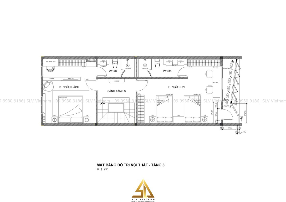 Bản vẽ thiết kế nội nhà phố 4 tầng - Tầng 3 (Nguồn ảnh: SLV Vietnam)