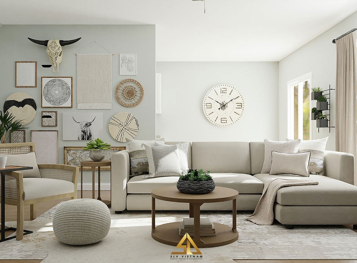 Bố trí nội thất phòng khách 20m2 hiện đại với gam màu sáng