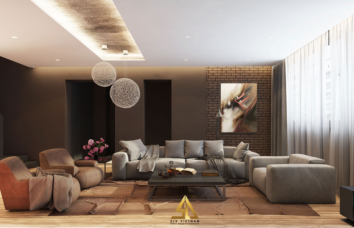 Bố trí nội thất phòng khách 20m2 hiện đại với gam màu tối