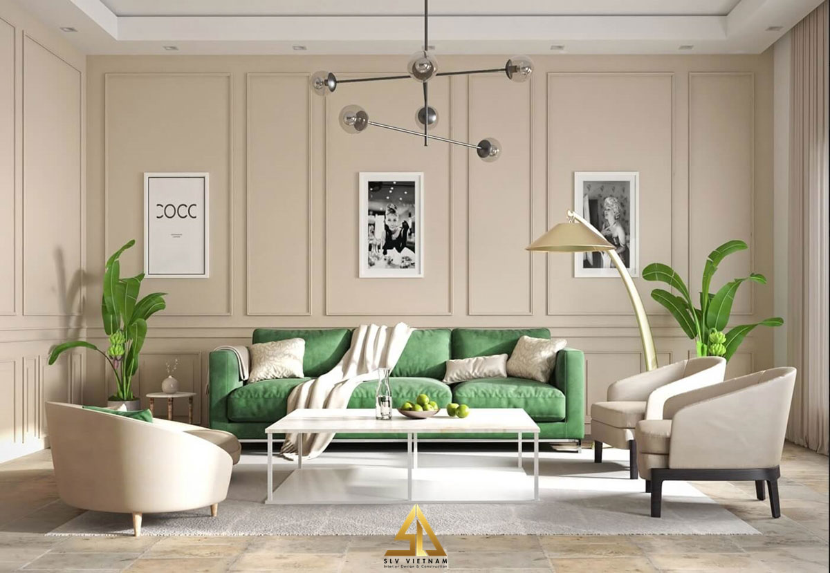Ghế sofa màu xanh tạo điểm nhấn