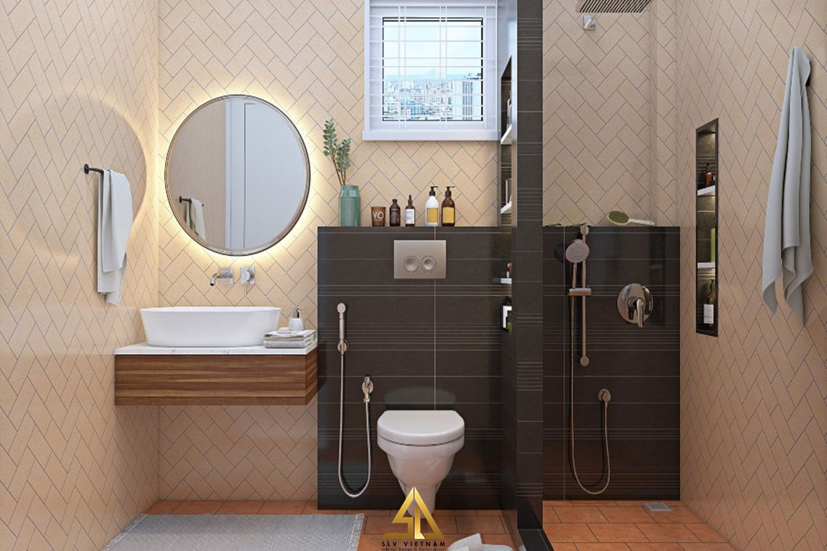 Kết hợp nhiều kiểu gạch cho phòng vệ sinh ấn tượng