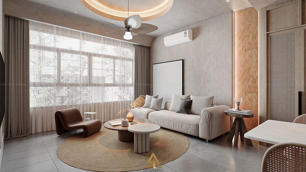 Phòng khách sử dụng tone màu be làm chủ đạo (Nguồn ảnh: SLV Vietnam)