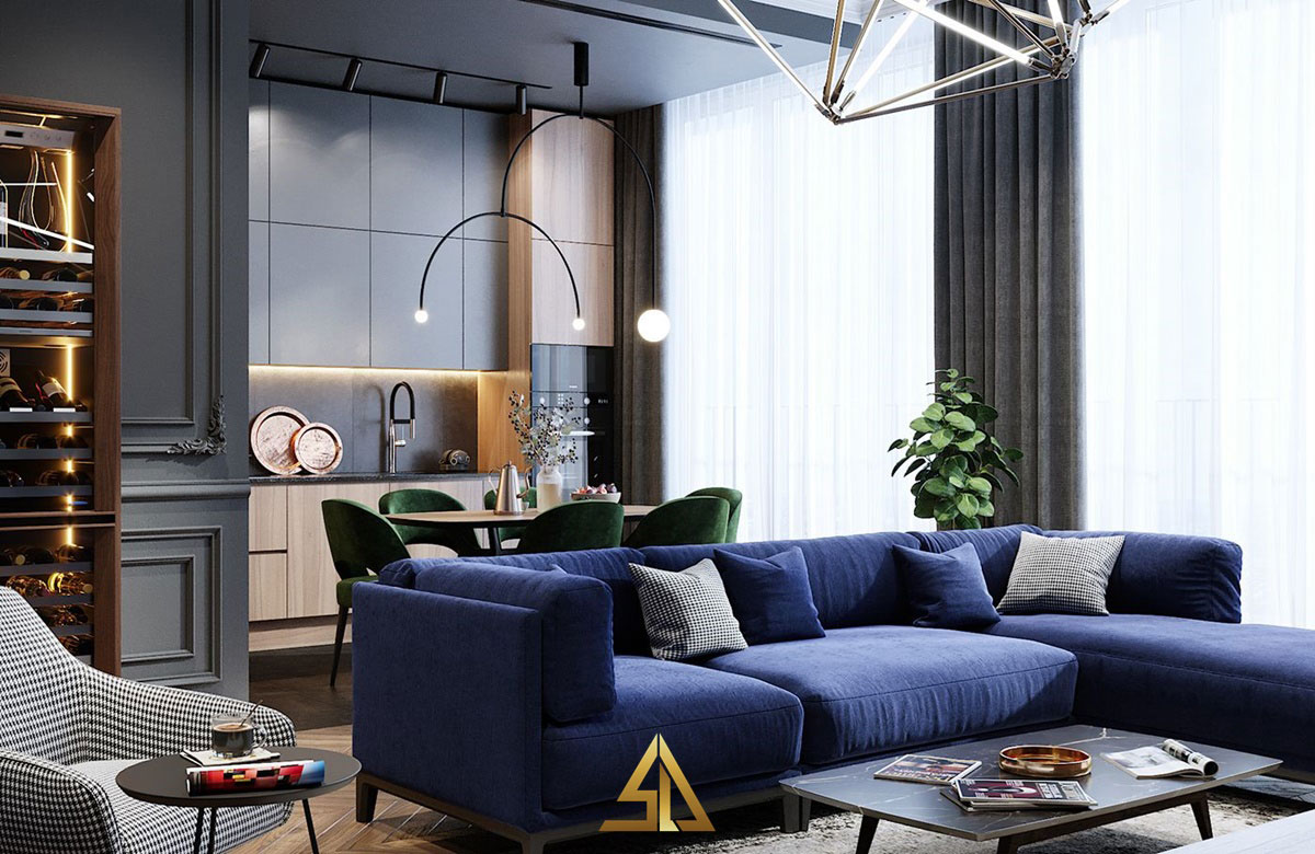 Nội thất phòng khách 25m2 tân cổ điển tiện nghi