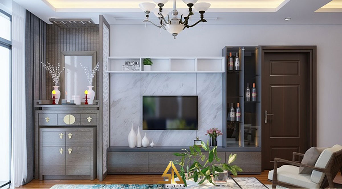 Phòng khách chung cư kết hợp bàn thờ