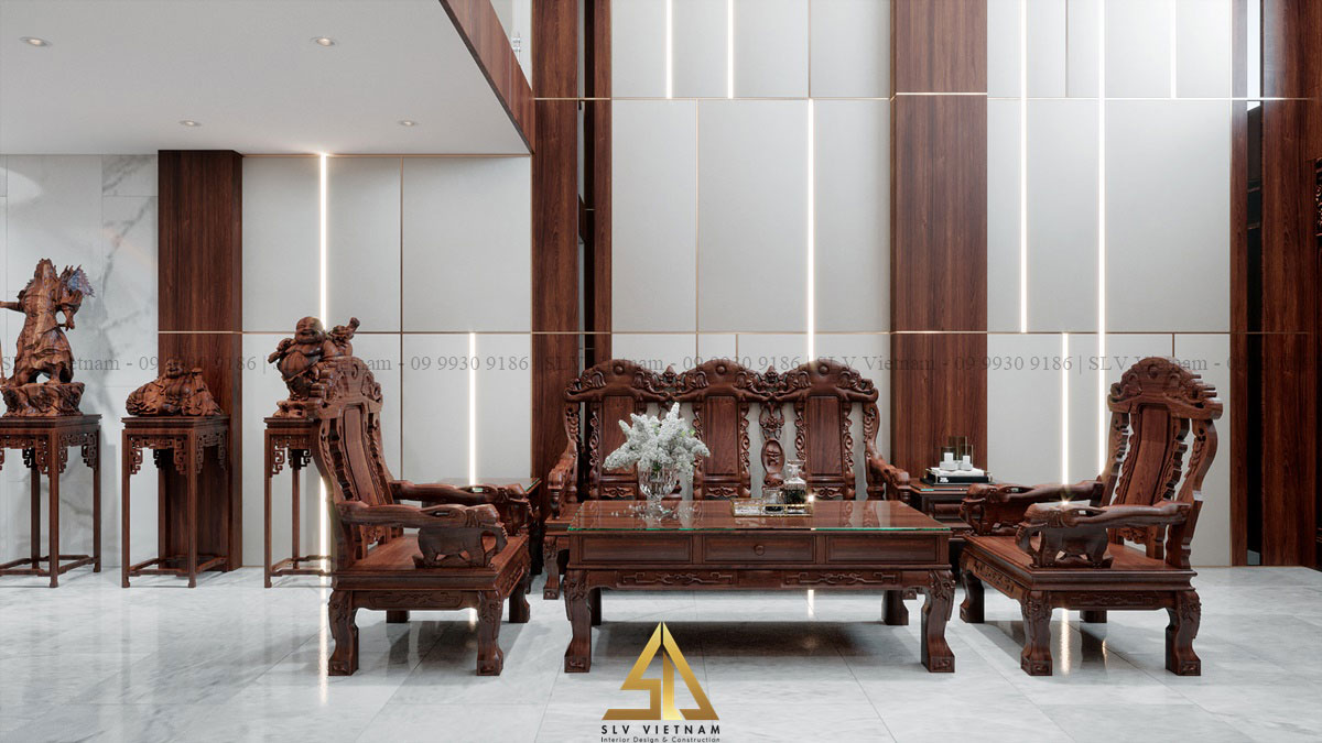 Phòng khách gỗ sang trọng với cấu trúc đối xứng (Dự án của SLV Vietnam)