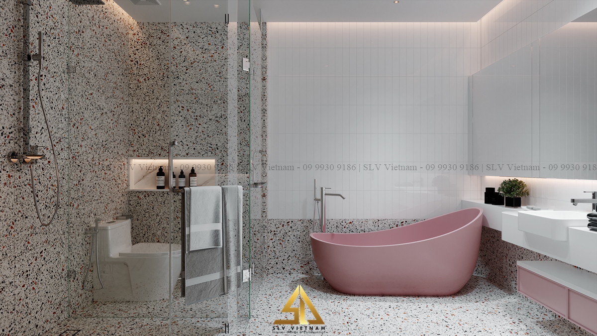 Thiết kế phòng tắm dành cho bé gái với bồn tắm màu hồng (Nguồn ảnh: SLV Vietnam)
