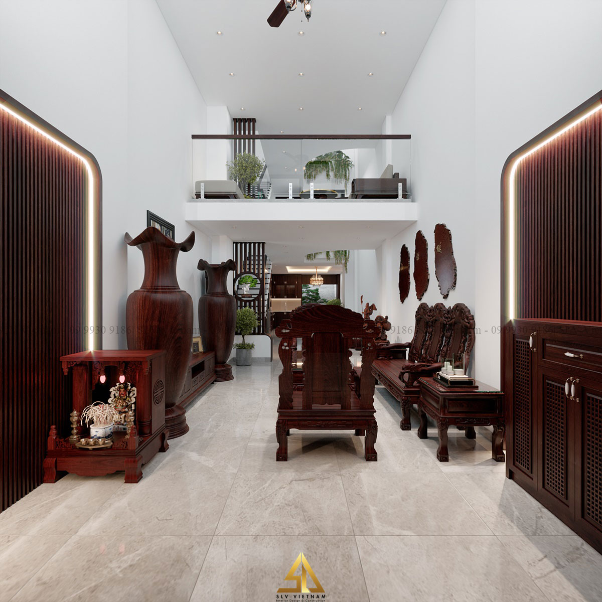 Thiết kế nội thất phòng khách bằng gỗ hiện đại (dự án của SLV Vietnam)