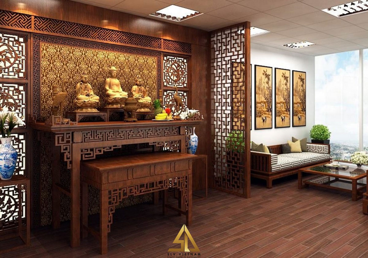 Thiết kế nội thất phòng thờ kết hợp phòng khách