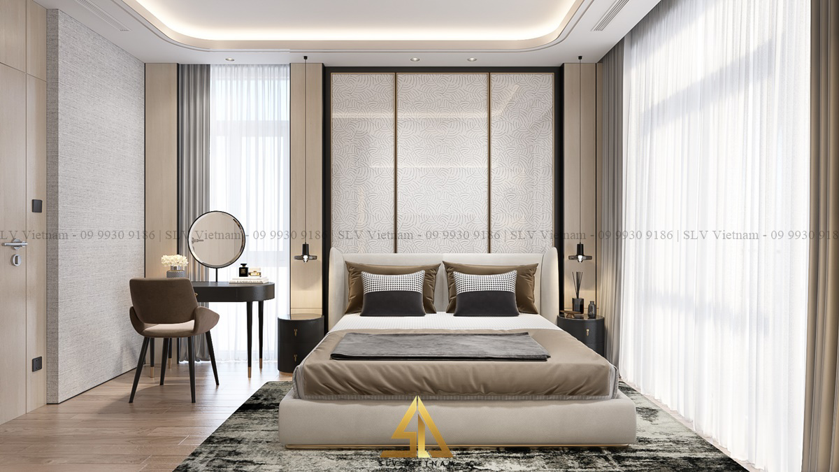 Phòng ngủ sử dụng màu sắc trung tính, sang trọng (Dự án của SLV Vietnam)