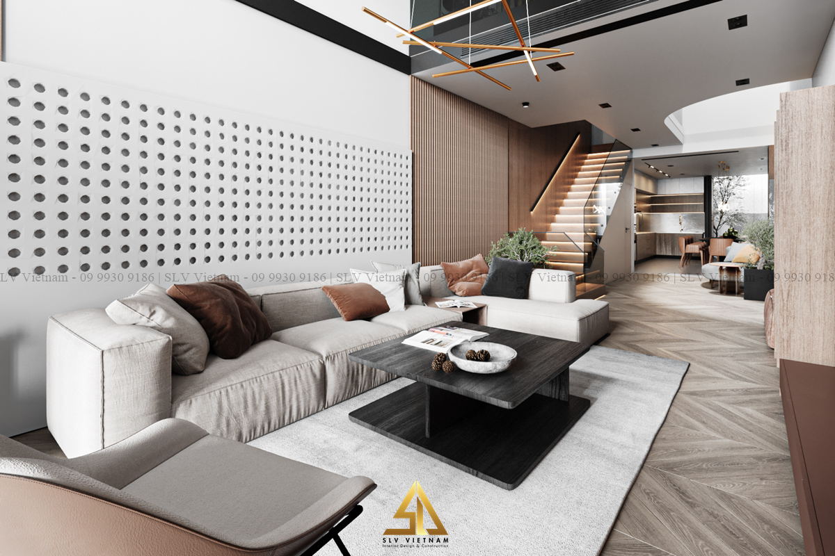 Bố trí ghế sofa theo chiều dài ngôi nhà tiết kiệm không gian (Nguồn ảnh: SLV Vietnam)