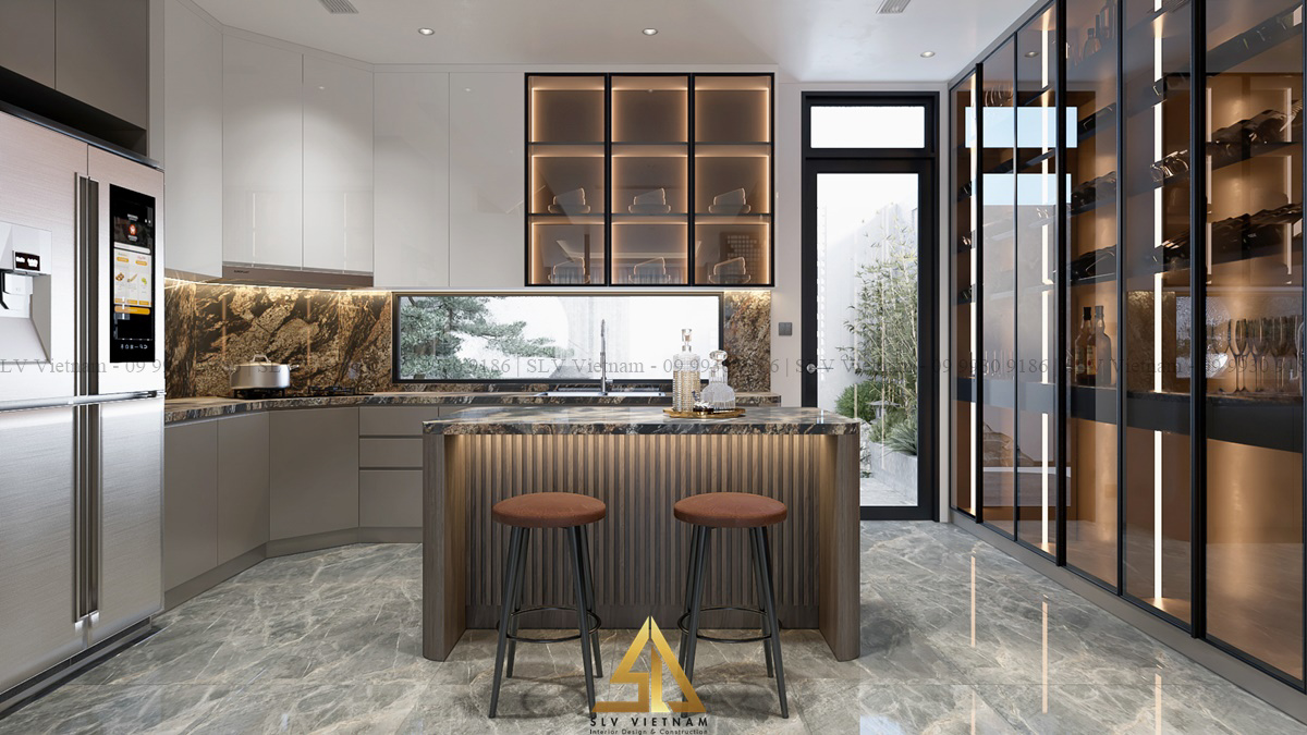 Thiết kế quầy bar nhỏ làm quầy rượu trong phòng bếp (Dự án của SLV Vietnam)