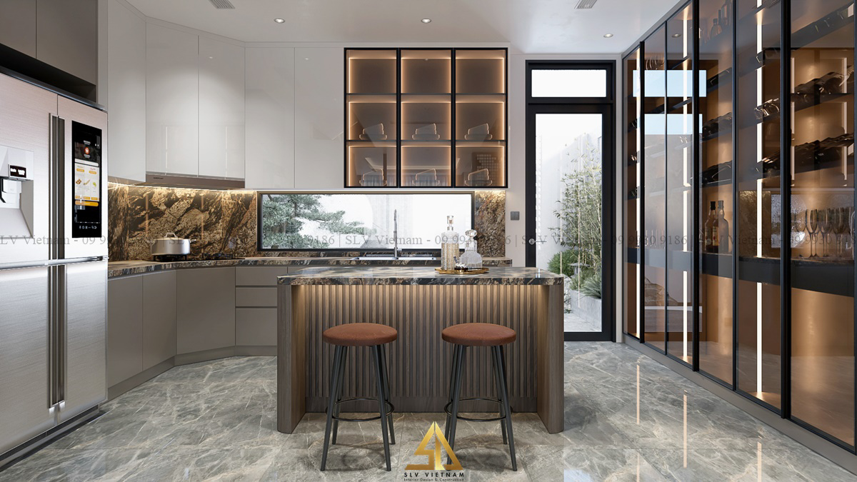 Quầy bar uống rượu mini đặt trong phòng bếp sang trọng (Dự án của SLV Vietnam)