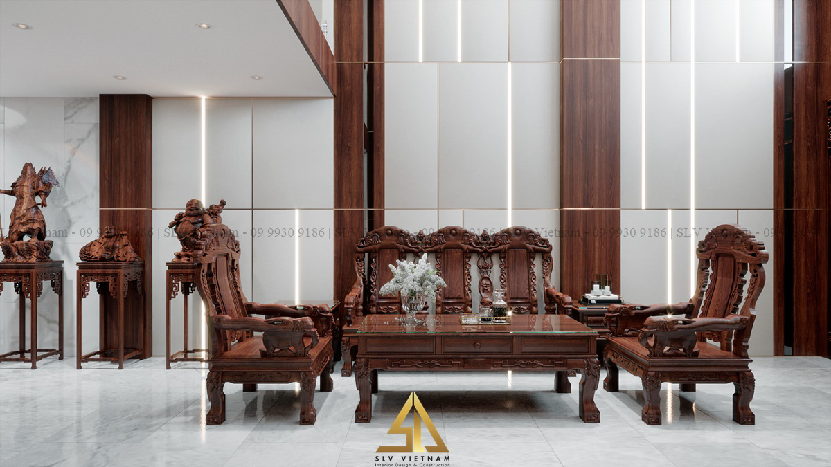 Nội thất gỗ chạm khắc tinh tế phòng khách (Dự án của SLV Vietnam)