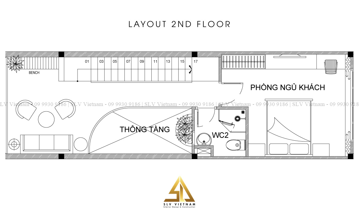 Mặt bằng tầng 2 nhà ống mặt tiền 3m có tầng tum (Nguồn ảnh: SLV Vietnam)