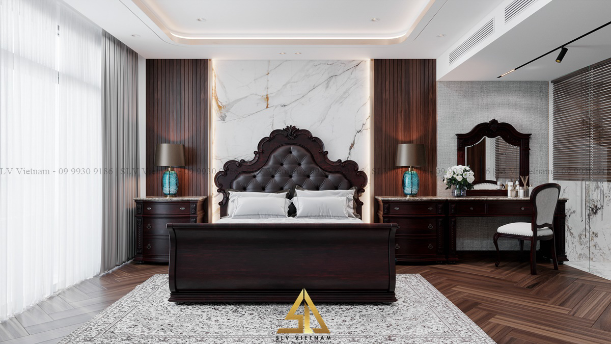 Giường gỗ mang hơi hướng tân cổ điển (Dự án của SLV Vietnam)