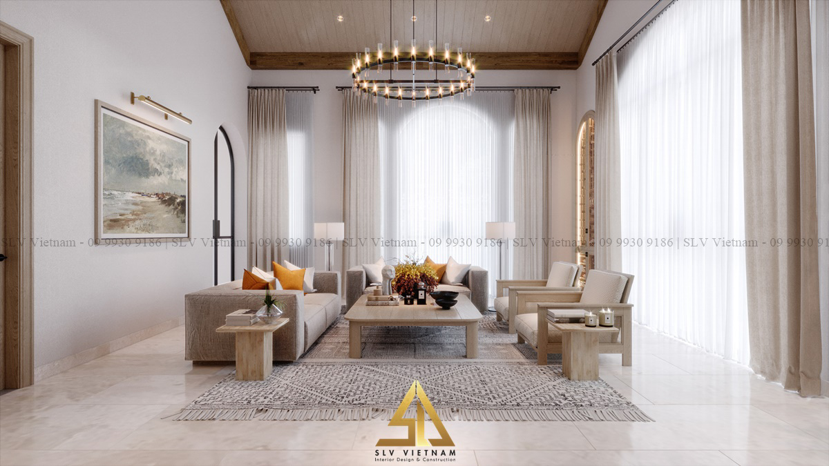 Sofa chữ U làm điểm nhấn cho không gian phòng khách rộng ( Dự án của SLV Vietnam )