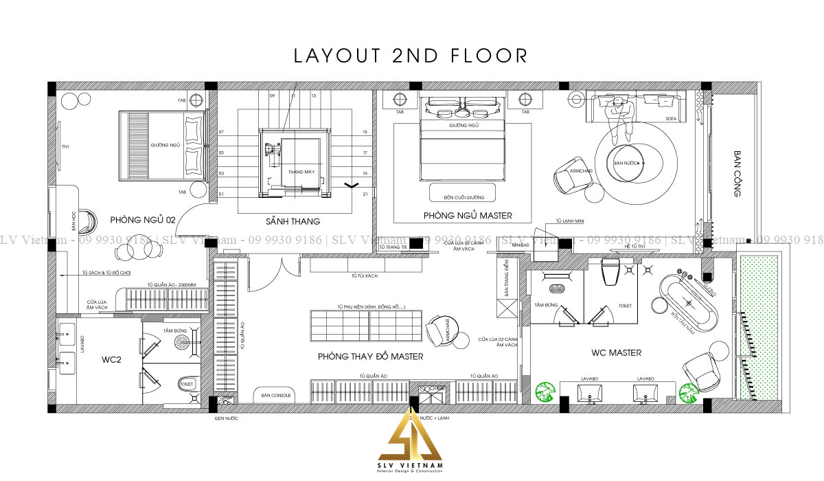 Bản thiết kế mặt bằng tầng 2 nhà 6x20m 2 tầng (Nguồn ảnh: SLV Vietnam)