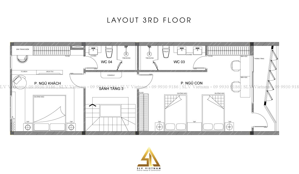 Bản vẽ thiết kế nội thất tầng 3 nhà 3 tầng 6x20m (Nguồn ảnh: SLV Vietnam)