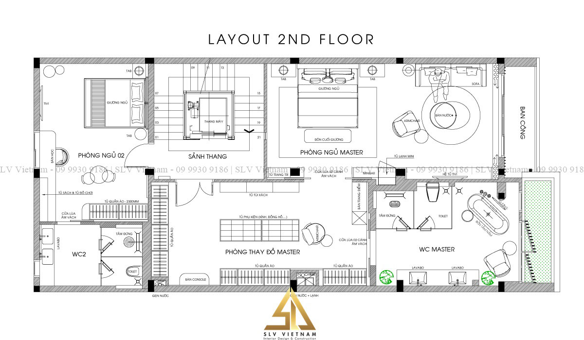 Bảng vẽ tầng 2 nhà 6x15m 3 tầng tại SLV Vietnam