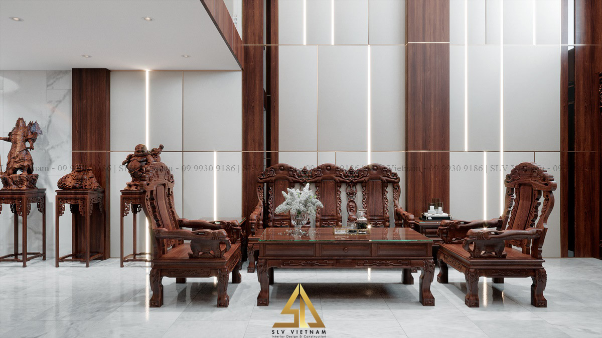 Bộ bàn ghế nội thất gỗ sang trọng trong phòng khách (Dự án của SLV Vietnam)