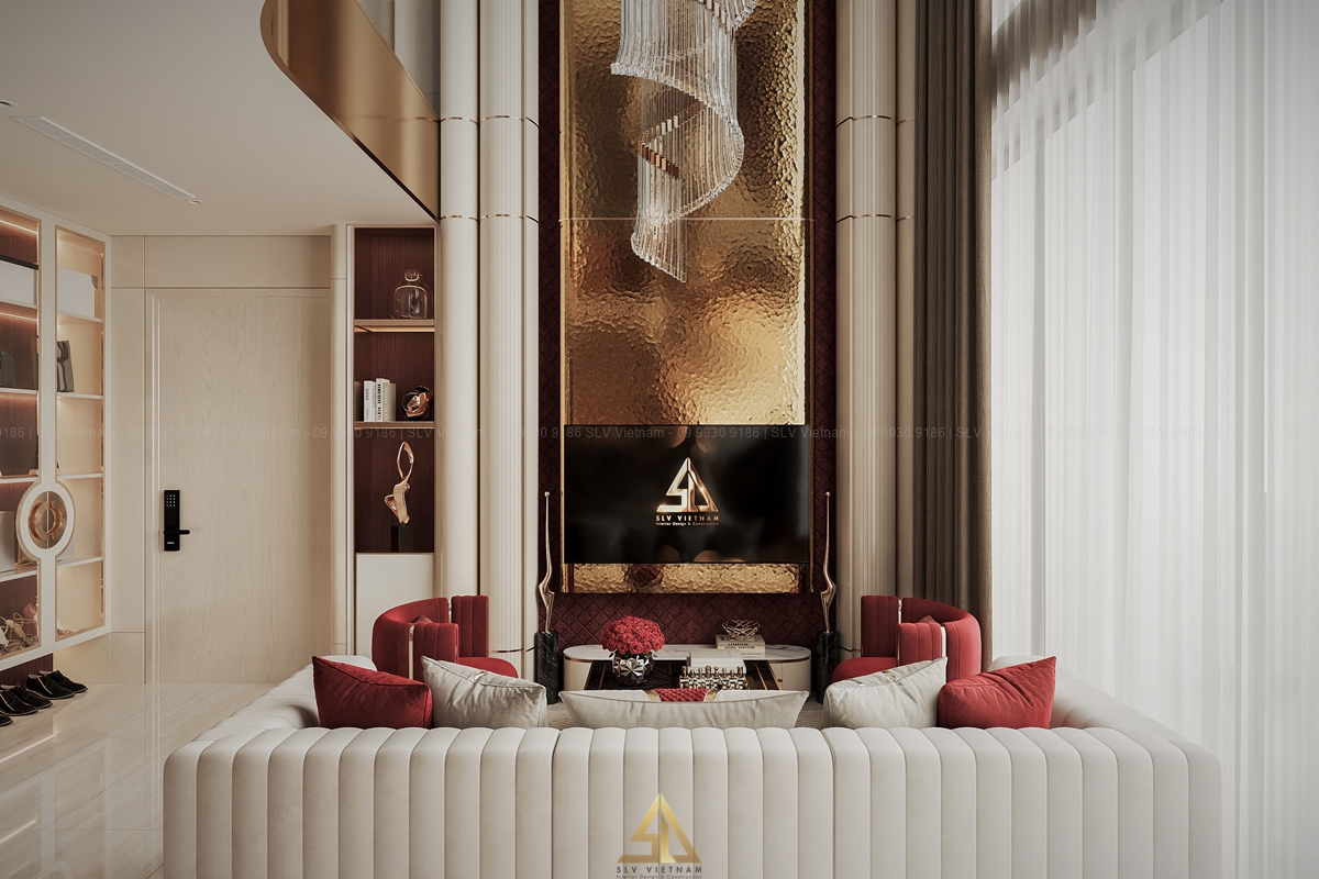 Phòng khách thông tầng với đèn thả trần ấn tượng (Nguồn ảnh: SLV Vietnam)