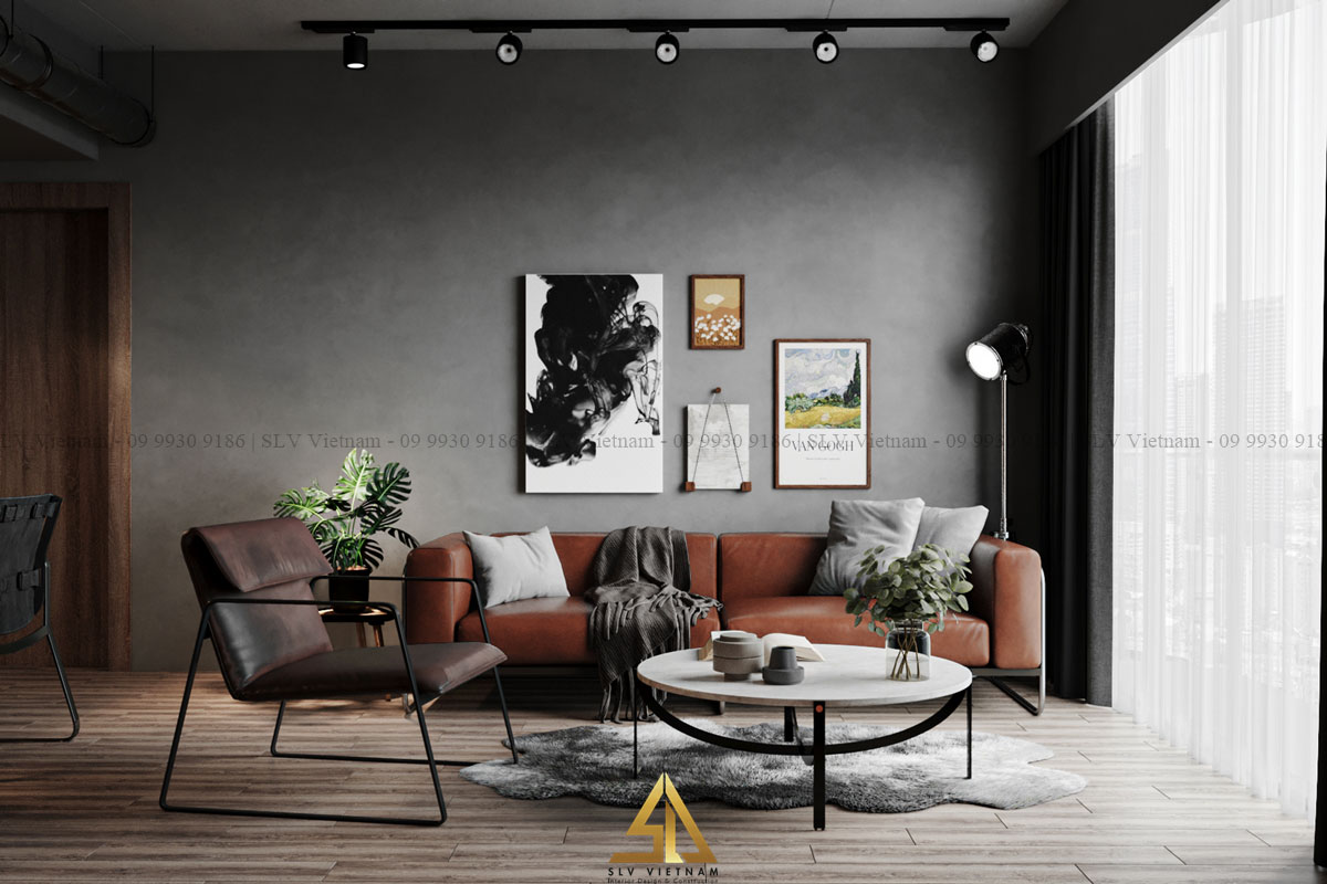 Ghế sofa bằng da làm điểm nhấn cho phòng khách Industrial (Dự án của SLV Vietnam)