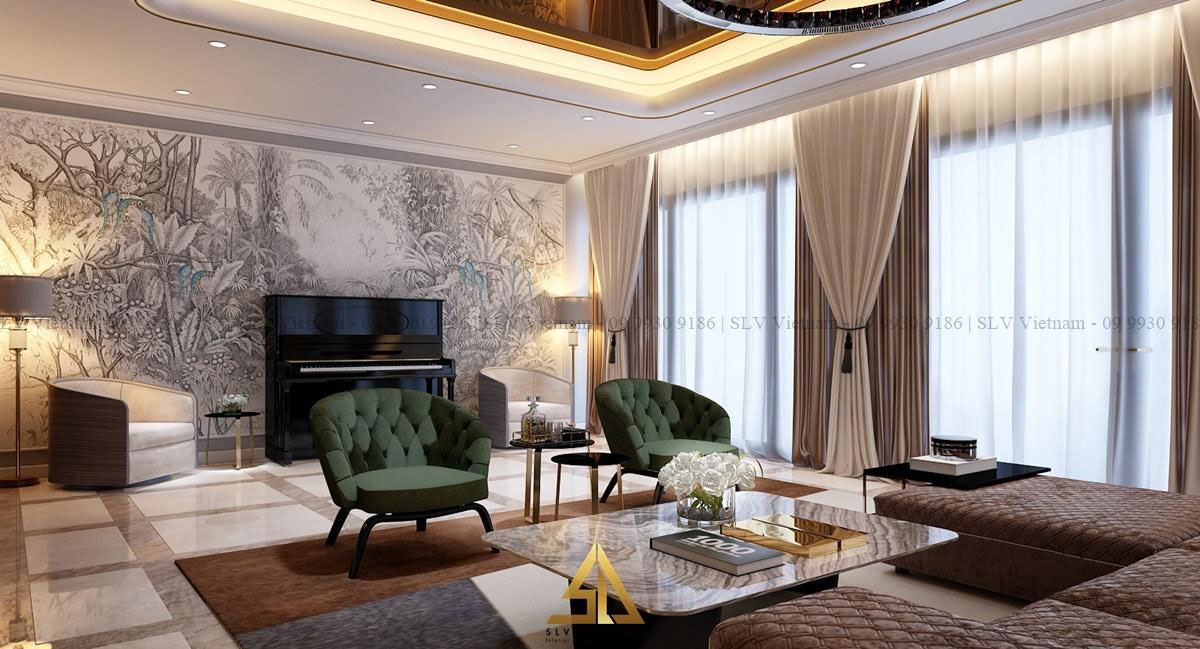 Ghế sofa xanh tuyệt đẹp làm điểm nhấn cho phòng khách (Dự án của SLV Vietnam)