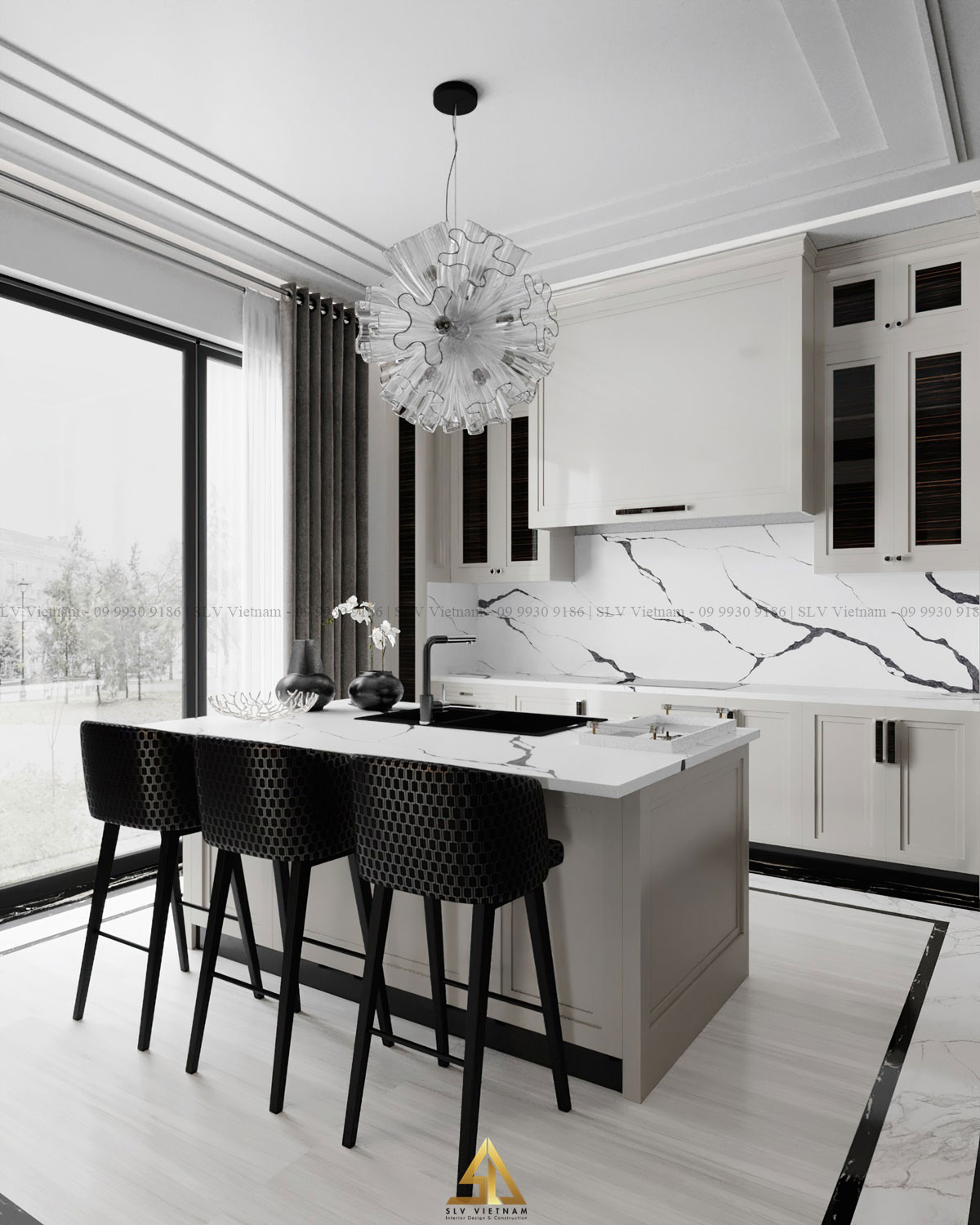 Hút mắt với sự kết hợp hoàn hảo giữa 2 sắc trắng - đen của phòng bếp (Dự án của SLV Vietnam)