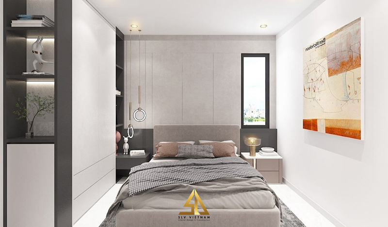 Không gian phòng ngủ hạn chế nhưng thiết kế thông minh tạo ra không gian thoáng đãng