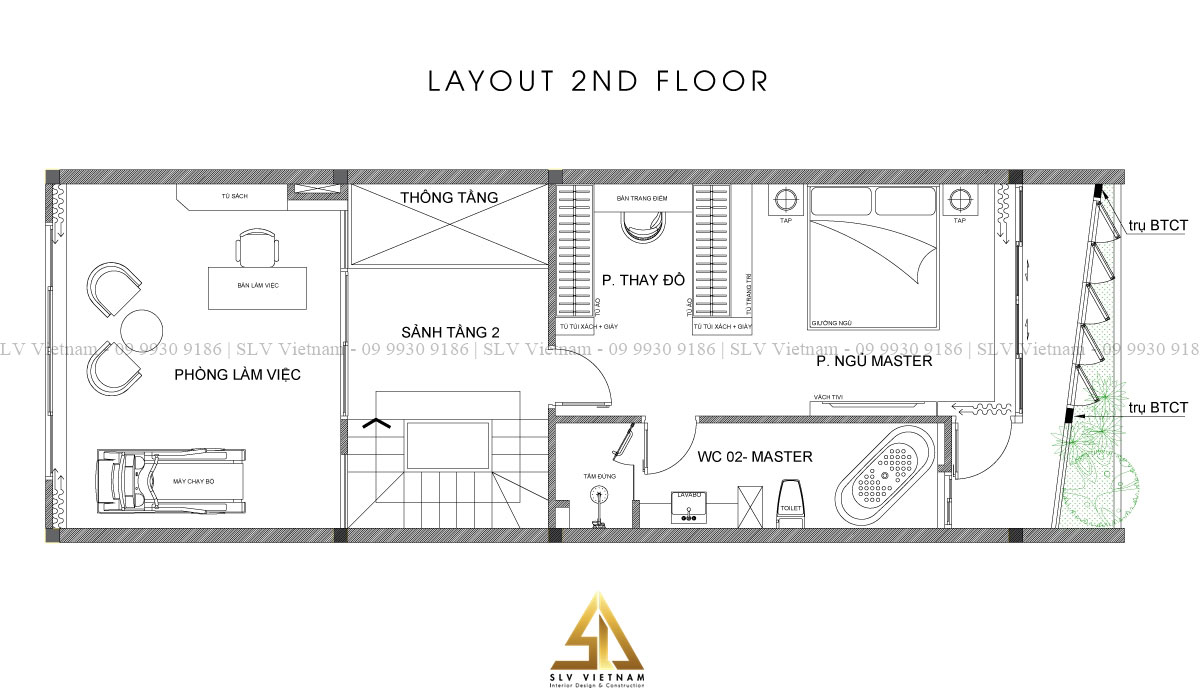 Mặt bằng tầng 2 nhà 3 tầng 6x20m (Nguồn ảnh: SLV Vietnam)