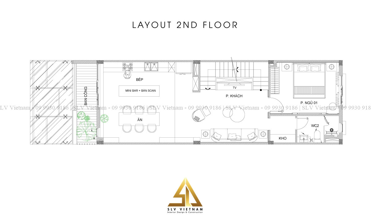 Mặt bằng tầng 2 nhà 6x10m (Nguồn: SLV Vietnam)