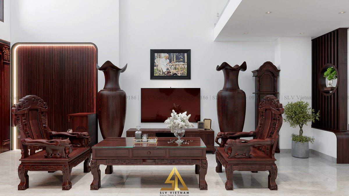 Nội thất gỗ thiết kế tinh xảo trong phòng khách (Dự án của SLV Vietnam)