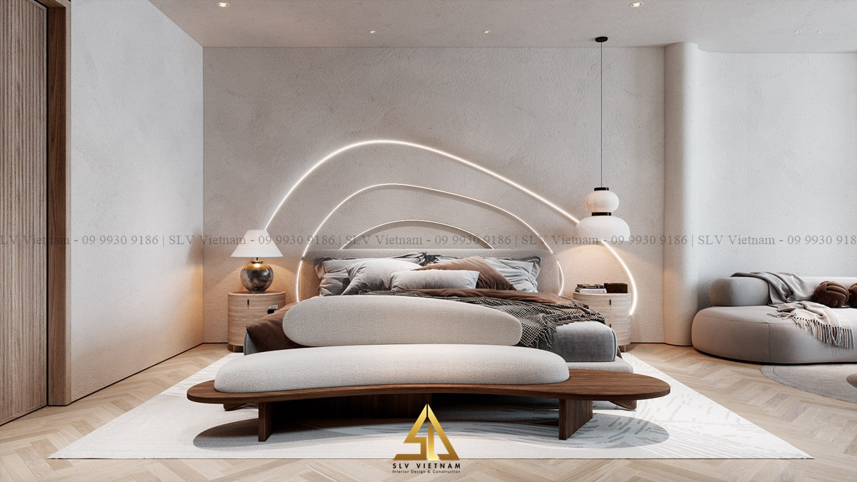 Nội thất phòng ngủ có kiểu dáng đặc trưng của phong cách Wabi Sabi (Nguồn ảnh: SLV Vietnam)