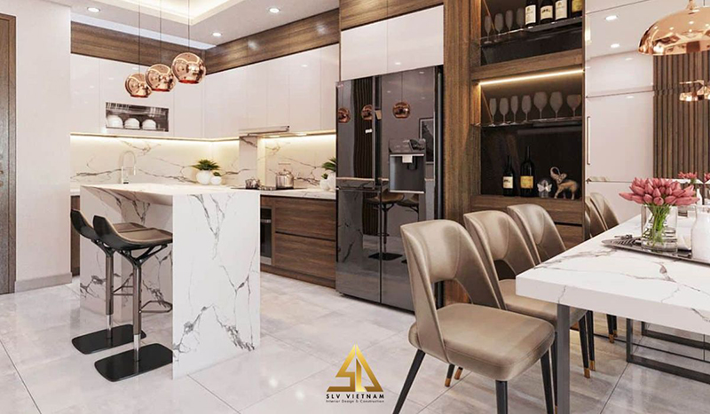 Phòng bếp bố trí nội thất tinh tế và hiện đại