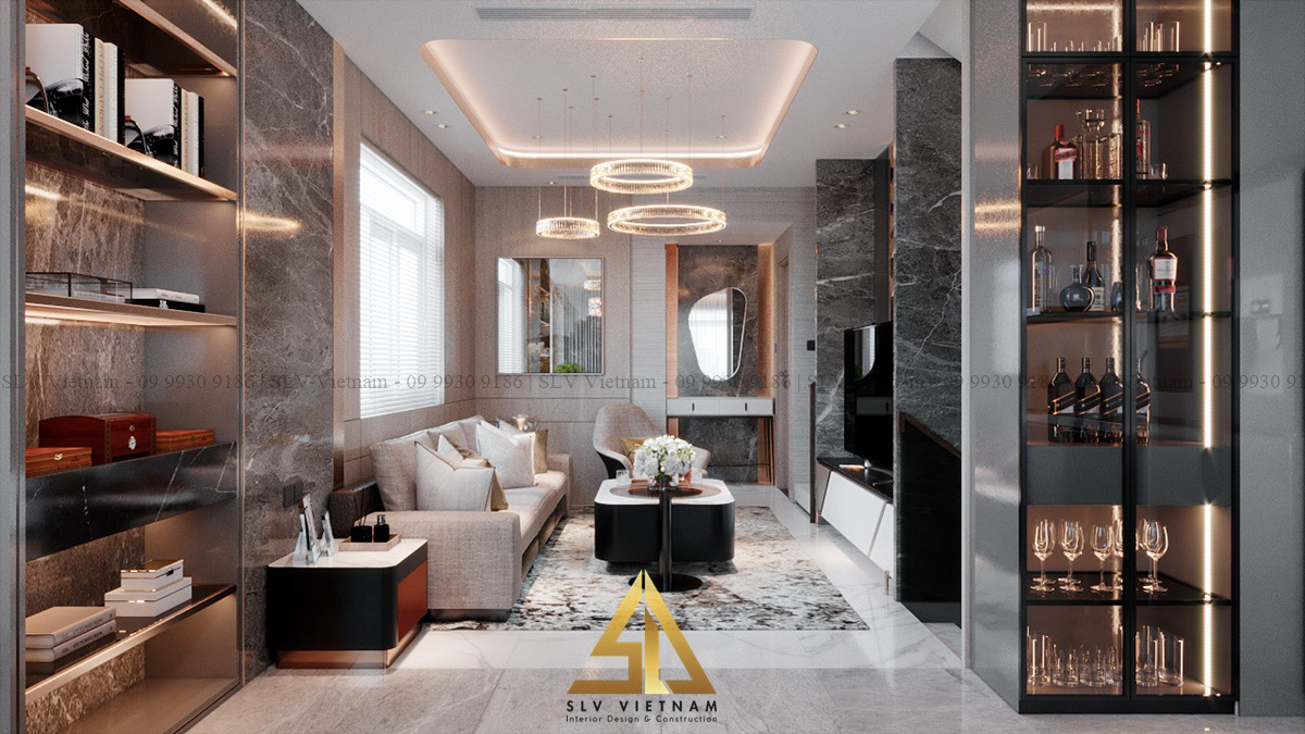 Phòng khách sử dụng chất liệu đá là chủ yếu tạo một không gian sang trọng (Dự án của SLV Vietnam)