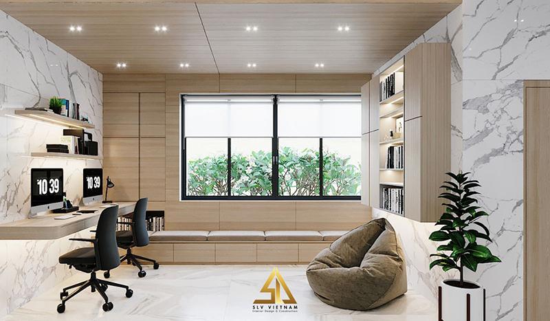 Phòng làm việc được thiết kế đơn giản nhưng vẫn đáp ứng được yếu tố hiện đại