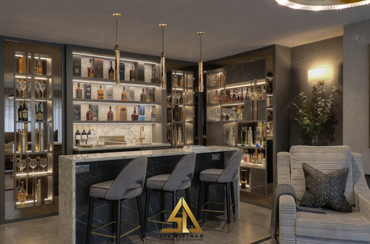 Quầy bar mini đặt bên cạnh phòng khách sang trọng (Nguồn ảnh: sưu tầm)