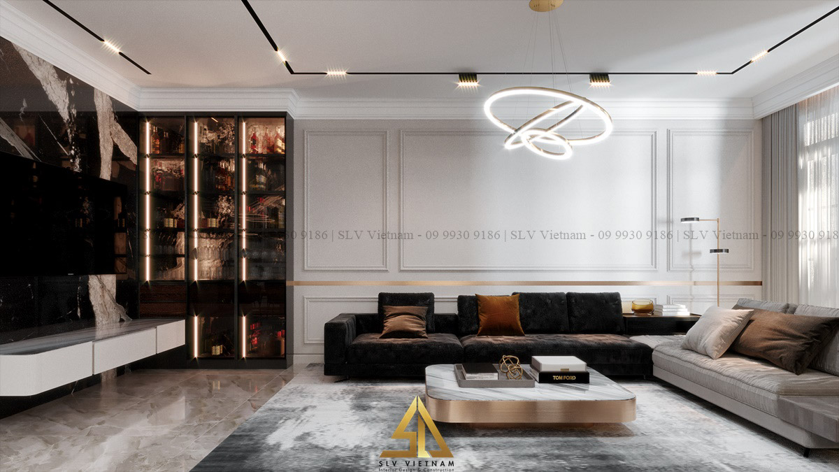 Sofa nhung sẫm màu tăng sự sang trọng cho phòng khách (Dự án của SLV Vietnam)
