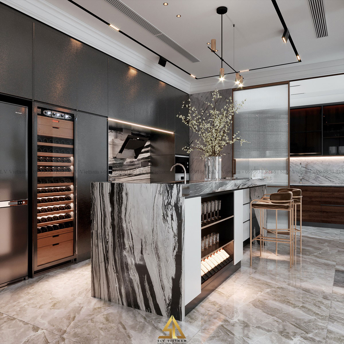 Tận dụng đảo bếp làm quầy bar và tủ trưng bày (Dự án của SLV Vietnam)