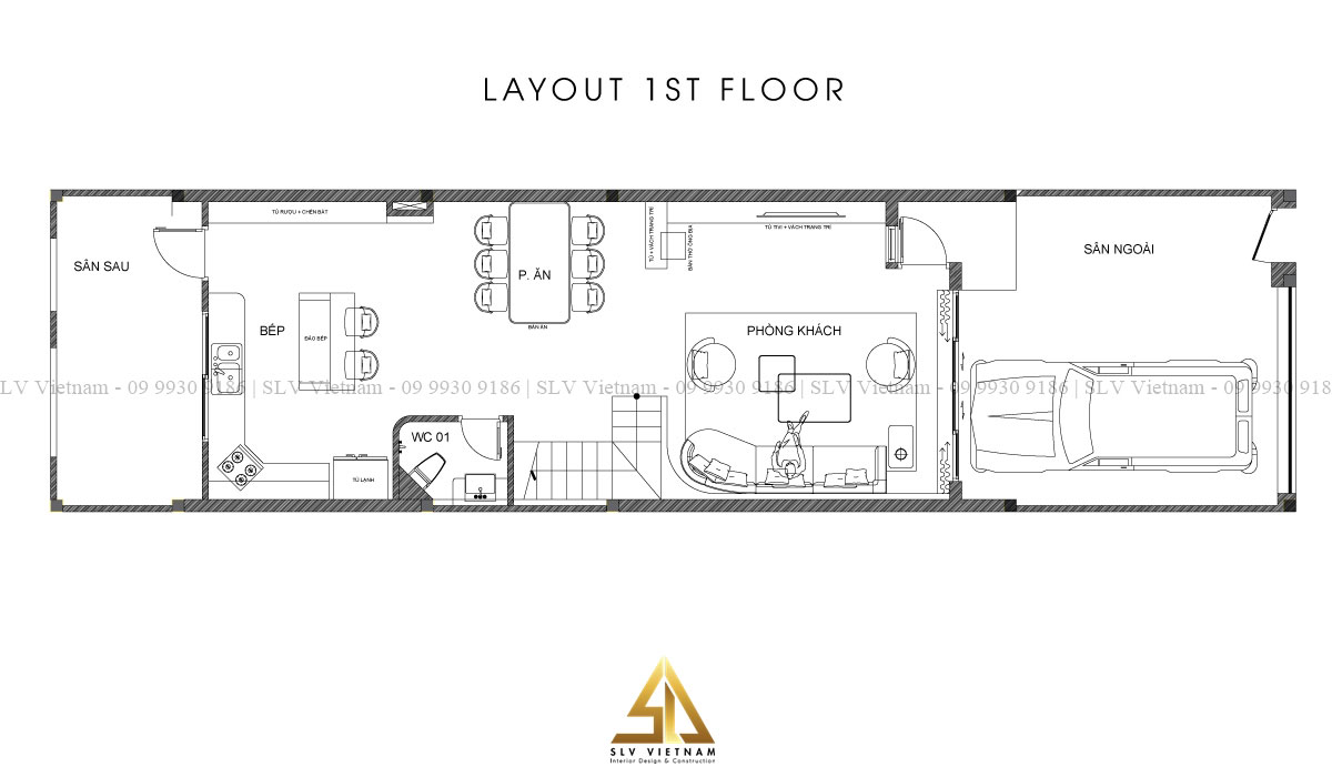 Tầng 1 bản vẽ nhà 6x20m 3 tầng (Nguồn ảnh: SLV Vietnam)